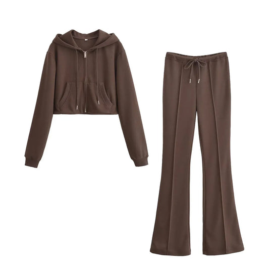 Women's Hooded Zip Up Cropped Jacket and Drawstring Flared Pants Set Cozy and Stylish for Daily and Sporty Looks