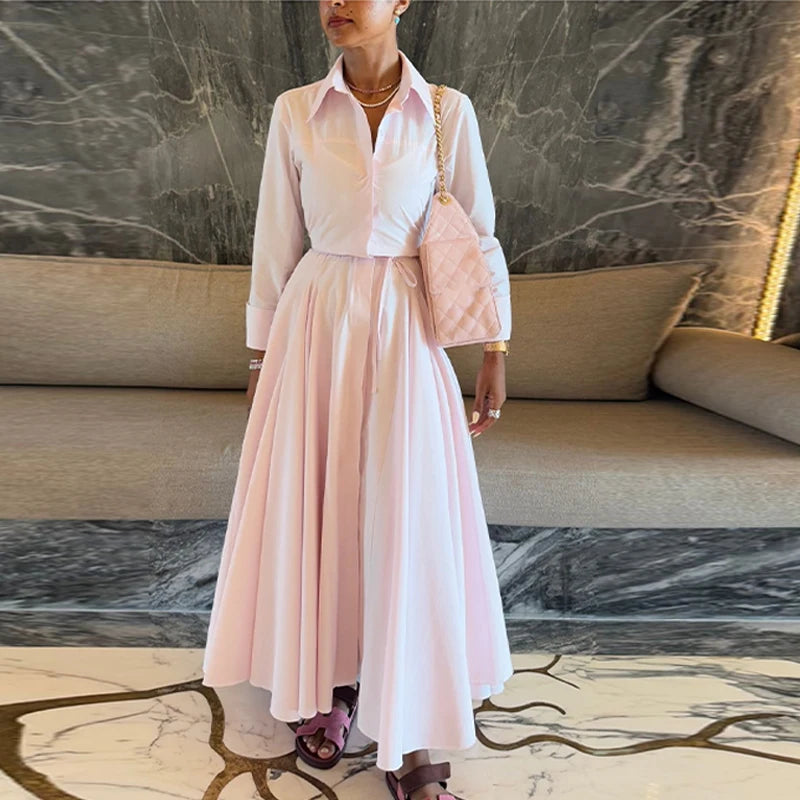 Elegant Solid Shirt Maxi Skirt Dress Set Women's Formal Long Sleeve Lapel Shirts A-line Skirts Loose Fit Office Female Outfit