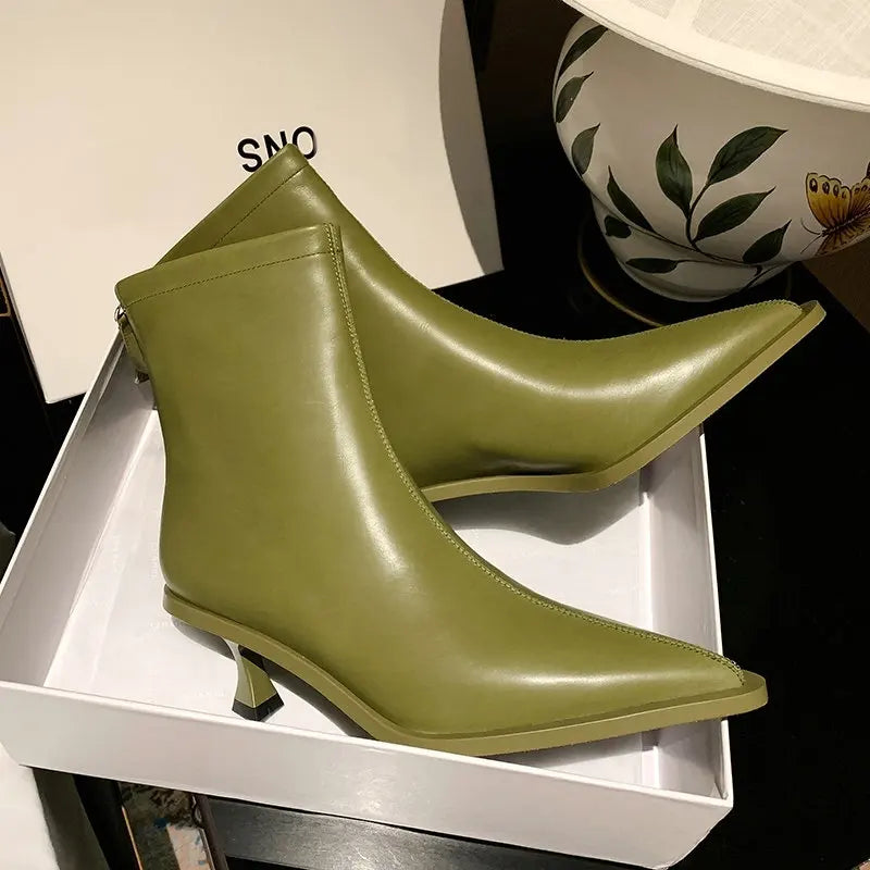 QUTAA 2025 Fashion Women Ankle Boots Sexy Autumn Winter Pointed Toe High Heels Genuine Leather Casual Black Shoes Size 34-43