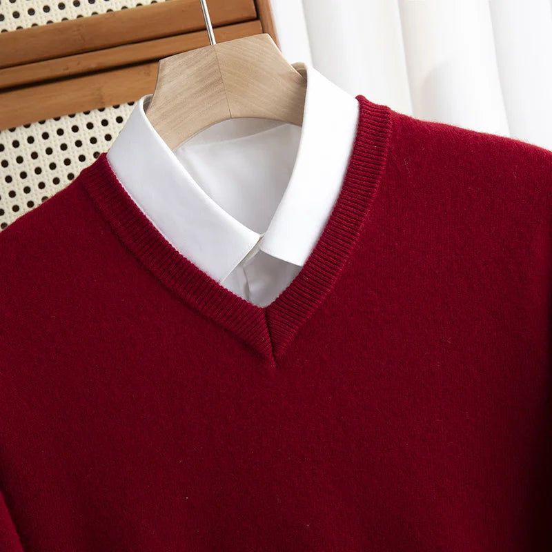 Men 100% Merino Wool Sweater V-Neck Pullover Autumn Winter Cashmere Warm Solid Knitwear Clothes Business Bottoming Soft Tops