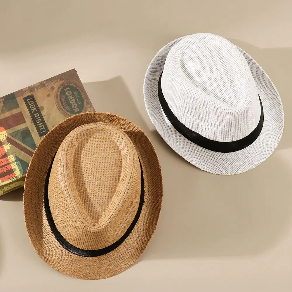 Fashion Straw Panama Cap Summer Beach Wide Brim Sun Hat Gangster Cap Unisex Jazz Dress Hat Cowboy Fedora Hat