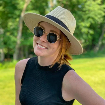 Unisex Panama Straw Hat - leveä reuna -kesärannan aurinkokorkki, säädettävä mitoitus 55-60 cm miehille ja naisille, iso kokoinen fedora