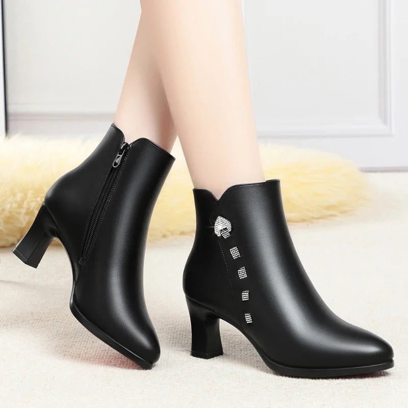 New Autumn Winter Soft Leather Rhinestones Cotton Shoes Woman Fashion Pointed Toe Elegant Comfortable High Heel Boots