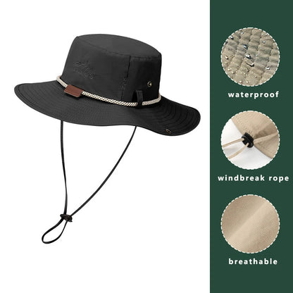 Men Bucket pălărie scrisoare de broderie etichetă din piele cowboy pălărie impermeabilă exterioară exterioară capac de pescuit ușor 8cm brim anti-uv pălărie de soare