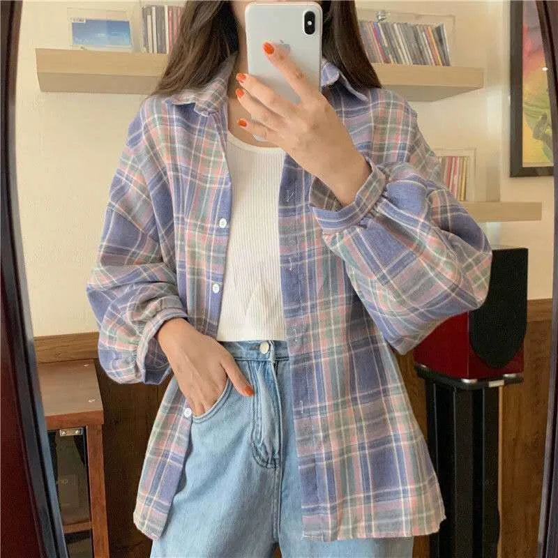 Koszula w kratę Kobiety jesienne długie rękawie Top żeńska moda moda pojedyncza piersi panie w stylu Preppy Style luźne koszule