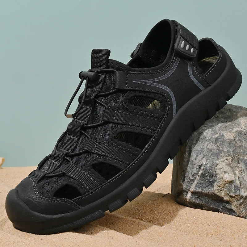 Sandals men's tide summer new style leather toe cap outdoor leisure sports hollow sandals beach shoes Handmade mesh men shoes