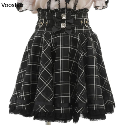 Gothic Lolita trak dvojna premca z visokim pasom krilo ženske sladke bisere Buckle čipkaste krilo japonsko luštno a-line mini krila