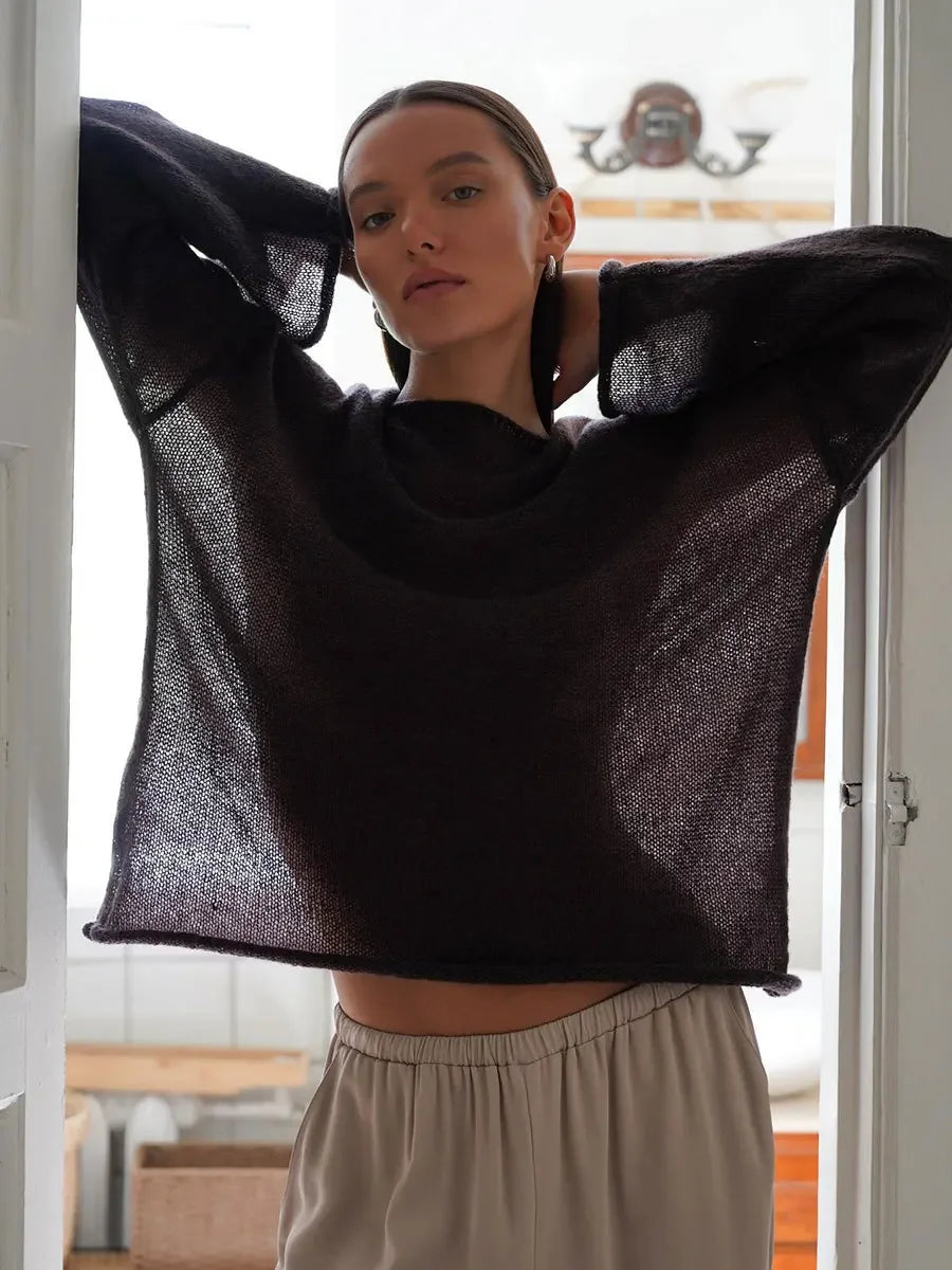 Talenza Hollow Knitted Sweater Pullover Women's Solid See-through O-Neck Long Sleeve Knitted T-Shirt Loose Casual Pullover 2025