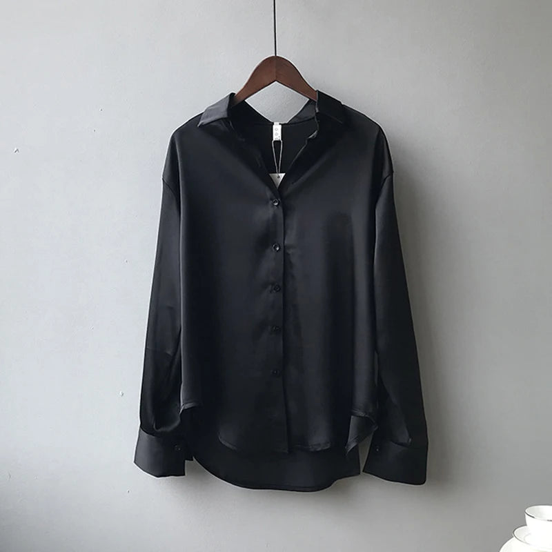 Spring Fashion Button Up Satin Seidenhemd Vintage Bluse Frauen weiße Tops Lady Long Sleeves weibliche losen Straßenhemden 11355