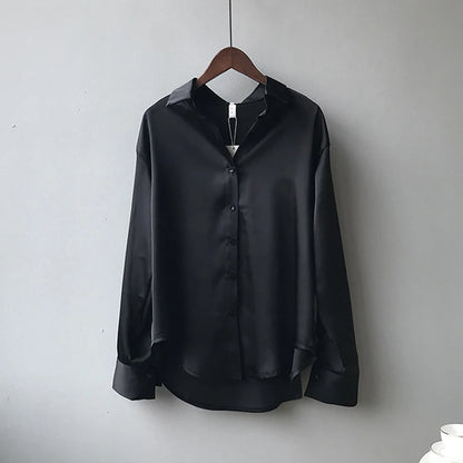 Spring Fashion Button Up Satin Seidenhemd Vintage Bluse Frauen weiße Tops Lady Long Sleeves weibliche losen Straßenhemden 11355