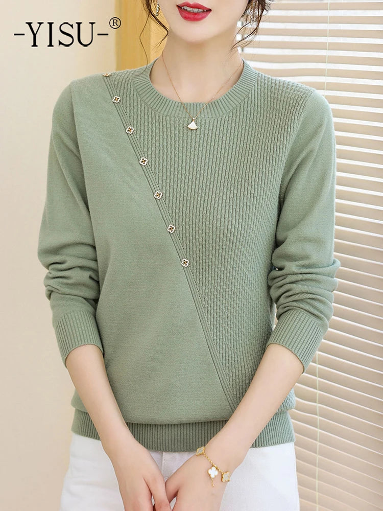 YISU College style Women Sweater O-Neck Knitted pullove long sleeves Female soft Jumper Casual solid color Women clothing