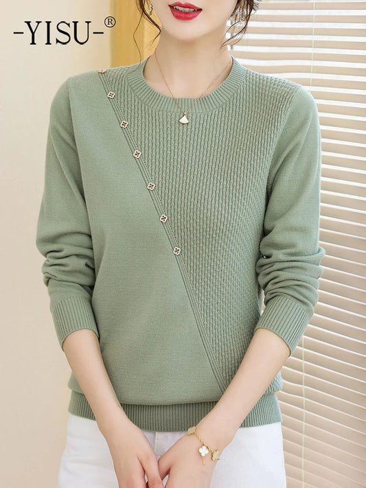 YISU College style Women Sweater O-Neck Knitted pullove long sleeves Female soft Jumper Casual solid color Women clothing