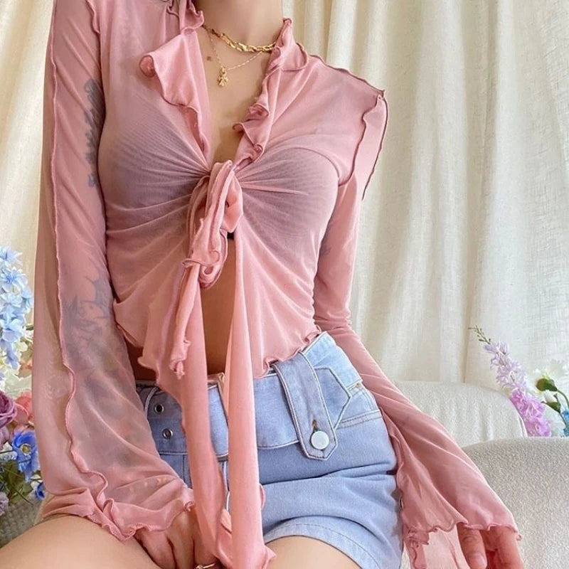 Lange Fackelhülle Blusen für Frauen Schnürmisch sexy süße heiße Mädchen koreanischer Modestil Alleinstimmig Solid Design Elegant Casual Casos