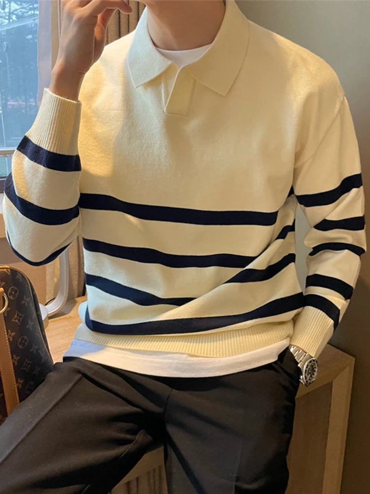 Efterår enkel lapel stribet sweater til mænd afslappet vintage koreansk mode strikstøj top ny y2k løs strikket pullover jumper