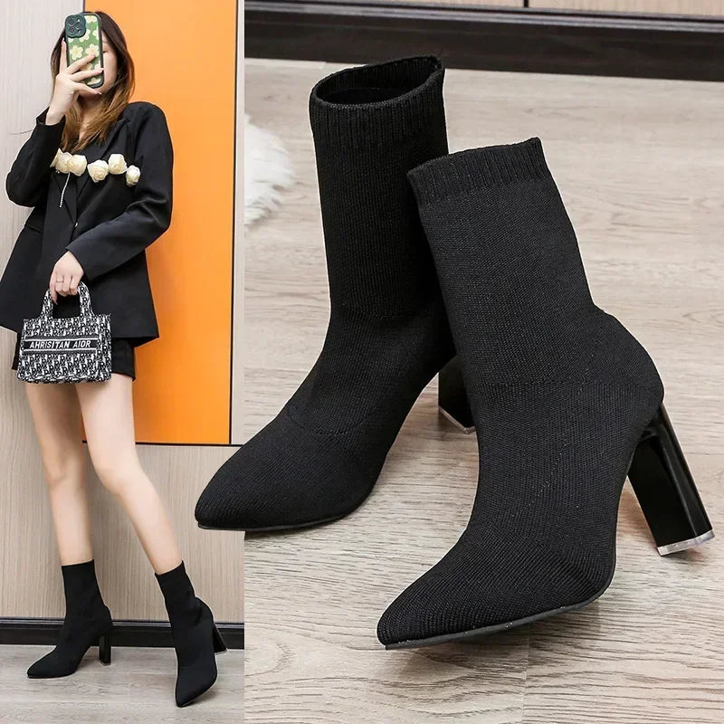 Womens Fashion Heeled Ankle Boots Autumn Pointy Solid Color Stretch Knitted Sock Boots Women Chunky Slip on Shoes Plus-size 43