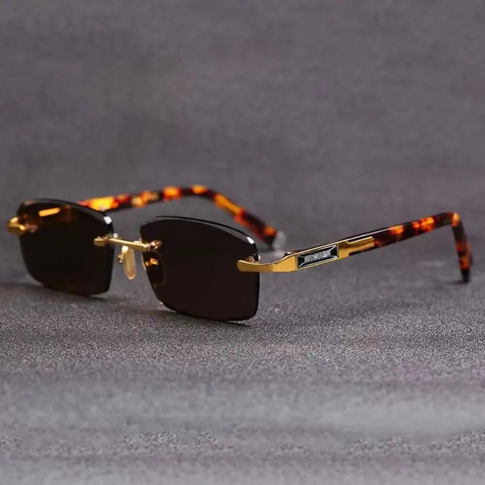 Retro Frameless Men's Sunglasses Green Crystal Stone Cycling Goggles Leopard Print Outdoor Sunglasses Driving Glasses Eyewear