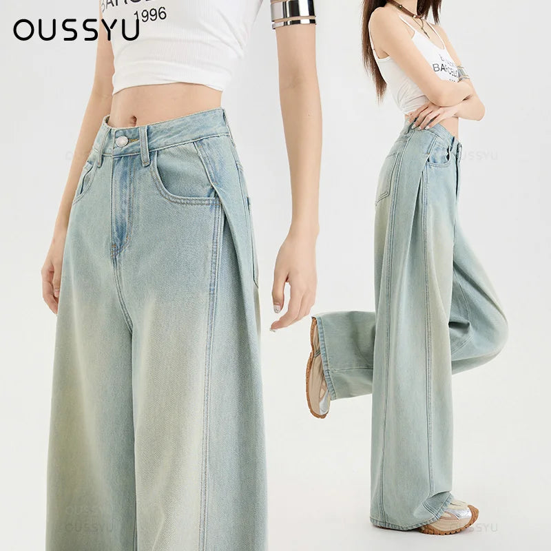Summer Lyocell Thin Woman Jeans High Waist Wide Leg Denim Clothing Design Sense Comfort Straight Pant Retro Blue Casual Trousers