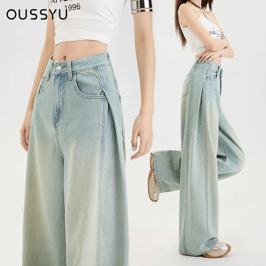 Summer Lyocell Thin Woman Jeans High Waist Wide Leg Denim Clothing Design Sense Comfort Straight Pant Retro Blue Casual Trousers