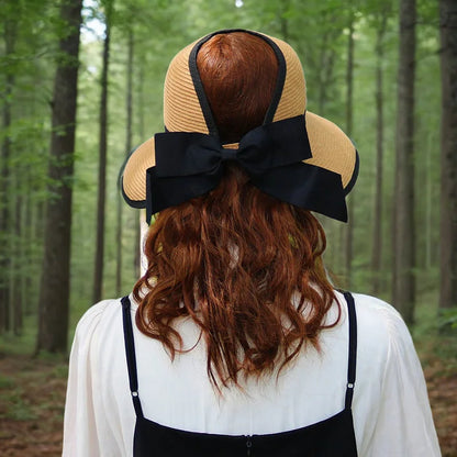Women's Handmade Summer Sun Hat, Big Black Bow, Large Eaves Beach Straw, Nature Cap, Temperament Flat Collapsible Hat