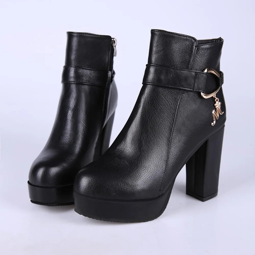 Fashion Ankle Boots Solid Color Round Head Side Zipper Design Autumn Winter Women's Fashion High Heeled Ankle Boot Size 32-43