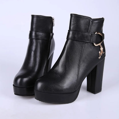 Fashion Ankle Boots Solid Color Round Head Side Zipper Design Autumn Winter Women's Fashion High Heeled Ankle Boot Size 32-43
