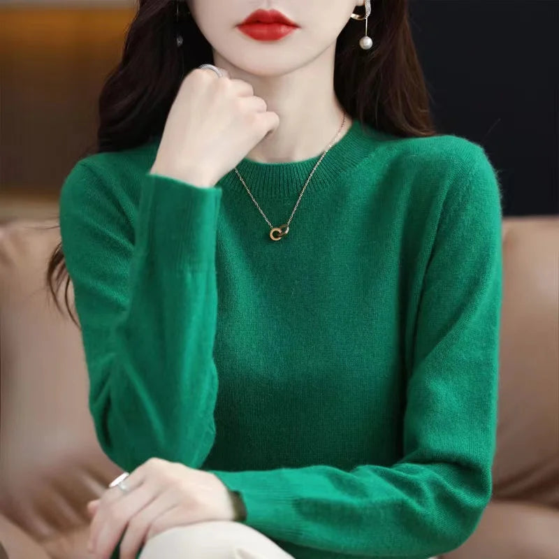 Women Slim O-Neck Solid Pullover Cashmere Wool Blending Sweater Autumn And Winter Long-Sleeved Knit Bottoming Shirt Large Size