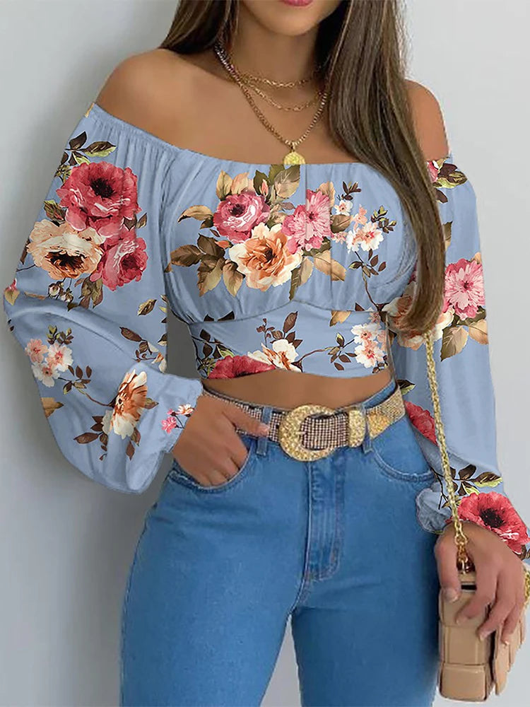 Frauen sexy Off Schulterbluse Chic und elegantes Drucklaterne Langarm Langarm Schnürbeuge geschnittene Tops Casual Slim Shirts 2024