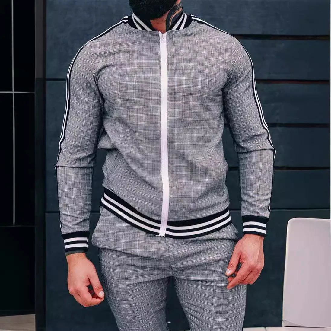 2025 Herbst Herum Männer Tracksuit 2pc Set Plaid Zipper Sweatshirt Jacke Langes Hosen Freigelegte Fitnessstudio Running Jogging Outfit Fleece Sportswear
