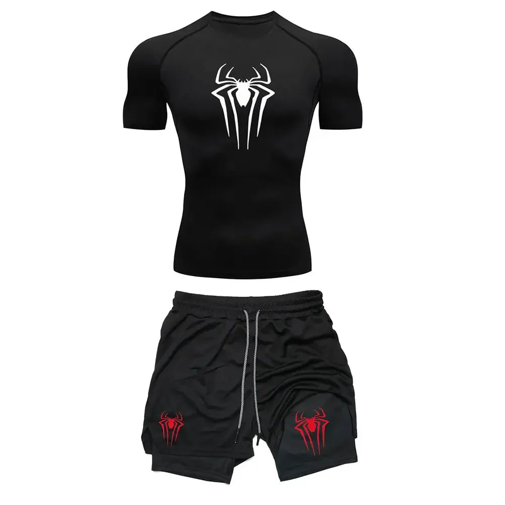 Herrträningskomprimering set y2k spindel tryckt gym tshirts andningsbara löpning shorts snabb torr sport utslag skydd sportkläder set