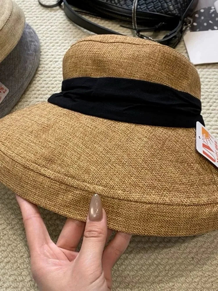 Old Money Style Cotton Linen Sun Hats Women Travel Breathable UV Protection Hat Summer Beach Quiet Luxury Wide Brim Bucket Hats