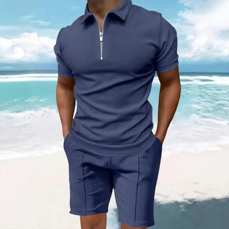 Heren comfortabel wafelpolo shirt met korte mouwen en shorts set - ademende lichtgewicht lente/zomerkleding