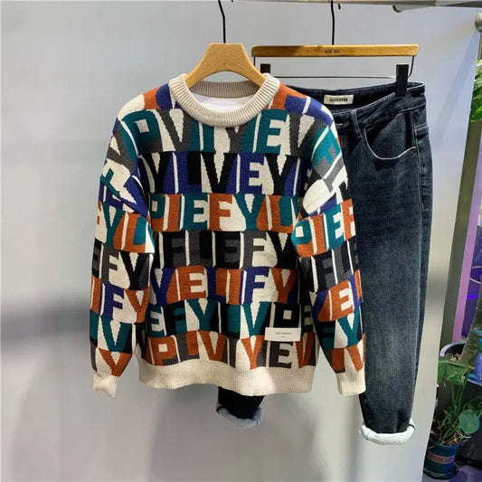 2023 г. Нова есен и зимни мъже модни писмо Jacquard Pullover плетен пуловер Моден контрастен цветен дизайн пуловер