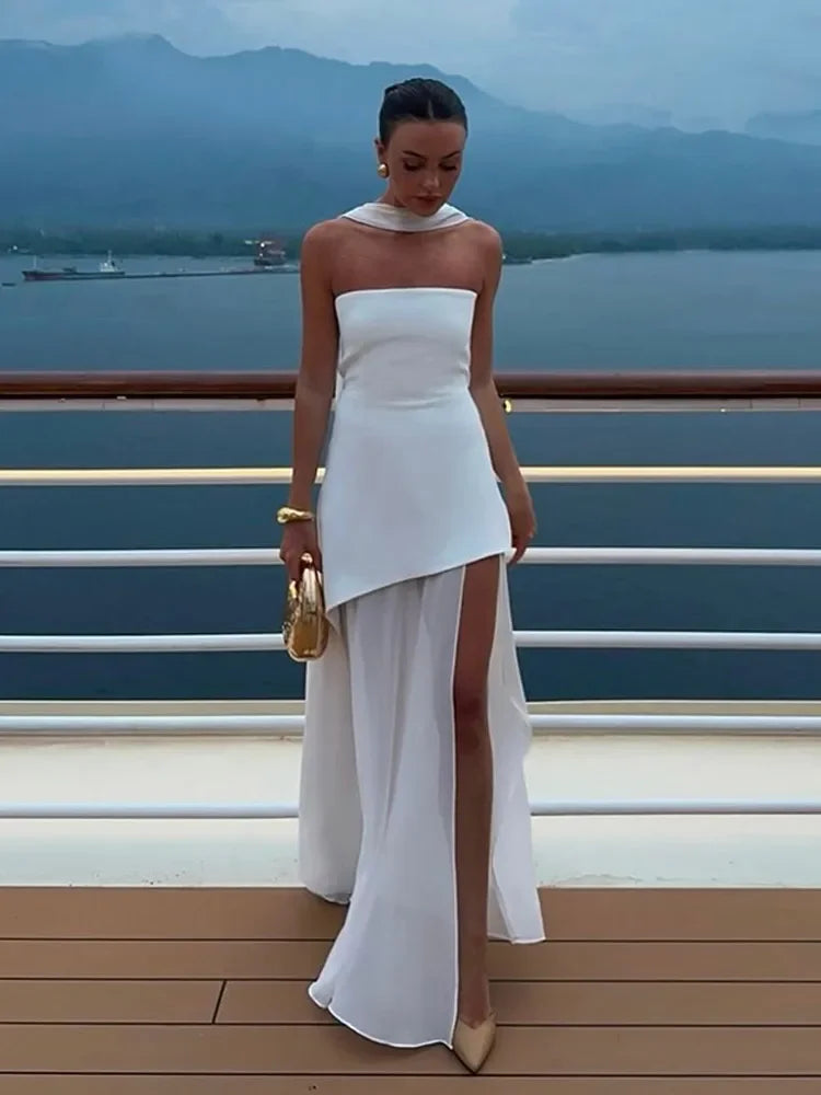Maglie di nastro senza spalline alla moda Maxi abito Maxi abito Elegante senza maniche per vacanze senza schiena 2025 Nuove donne Abiti da spiaggia