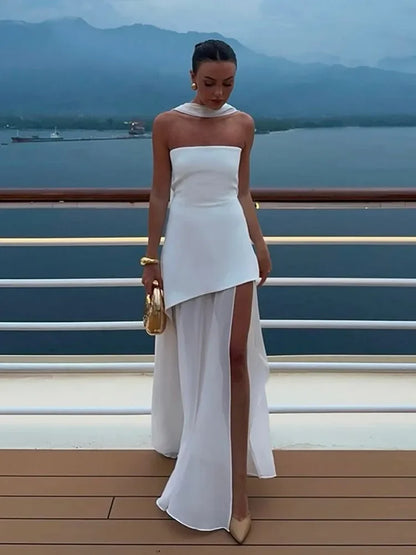 Maglie di nastro senza spalline alla moda Maxi abito Maxi abito Elegante senza maniche per vacanze senza schiena 2025 Nuove donne Abiti da spiaggia