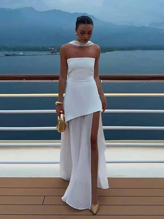 Mode trägerloses Band Mesh Patchwork Maxi Kleid elegante ärmellose Rückenless Urlaub Lange Roben 2025 Neue Frauen Strandkleider