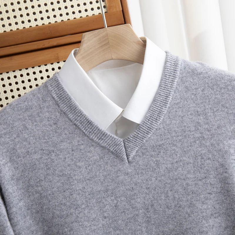 Men 100% Merino Wool Sweater V-Neck Pullover Autumn Winter Cashmere Warm Solid Knitwear Clothes Business Bottoming Soft Tops