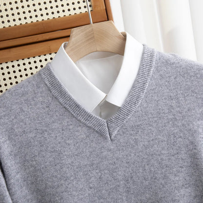 Men 100% Merino Wool Sweater V-Neck Pullover Autumn Winter Cashmere Warm Solid Knitwear Clothes Business Bottoming Soft Tops