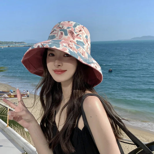 New Double-sided Bucket Hat Women's Korean Printed Big Edge Sun Hat Spring and Summer Versatile Vacation Sun Protection Sun Hat
