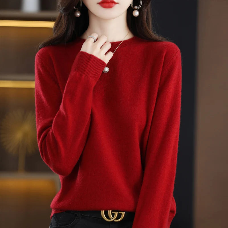 100% pure wool cashmere sweater women's O-neck pullover casual knitted coat autumn and winter women's coat basic 18 colors
