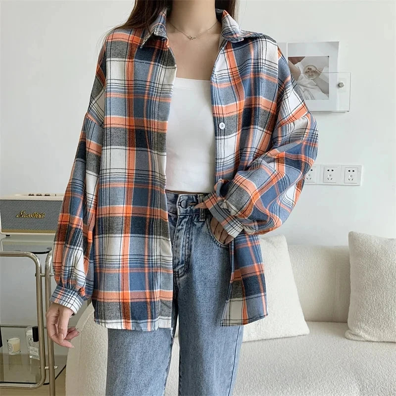Koszula w kratę Kobiety jesienne długie rękawie Top żeńska moda moda pojedyncza piersi panie w stylu Preppy Style luźne koszule