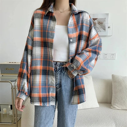 Koszula w kratę Kobiety jesienne długie rękawie Top żeńska moda moda pojedyncza piersi panie w stylu Preppy Style luźne koszule