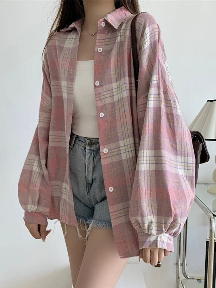 Koszula w kratę Kobiety jesienne długie rękawie Top żeńska moda moda pojedyncza piersi panie w stylu Preppy Style luźne koszule