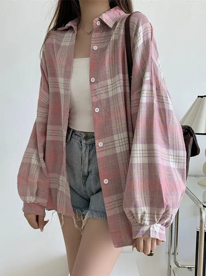 Koszula w kratę Kobiety jesienne długie rękawie Top żeńska moda moda pojedyncza piersi panie w stylu Preppy Style luźne koszule