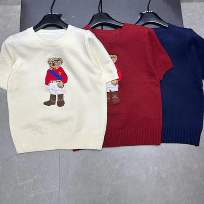 Eurooppalainen tyylinen luksusbrändi löysä O-kaula-aukkoa Pullover Tops Neule Woman Lyhythihainen T-paita Ladies Wooleulottu villapaita