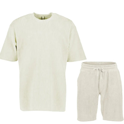 2025 Men's Summer Sports Casual Solid Color Striped Suit Loose Crew Neck Short-sleeved Drawstring Shorts Two-piece Set