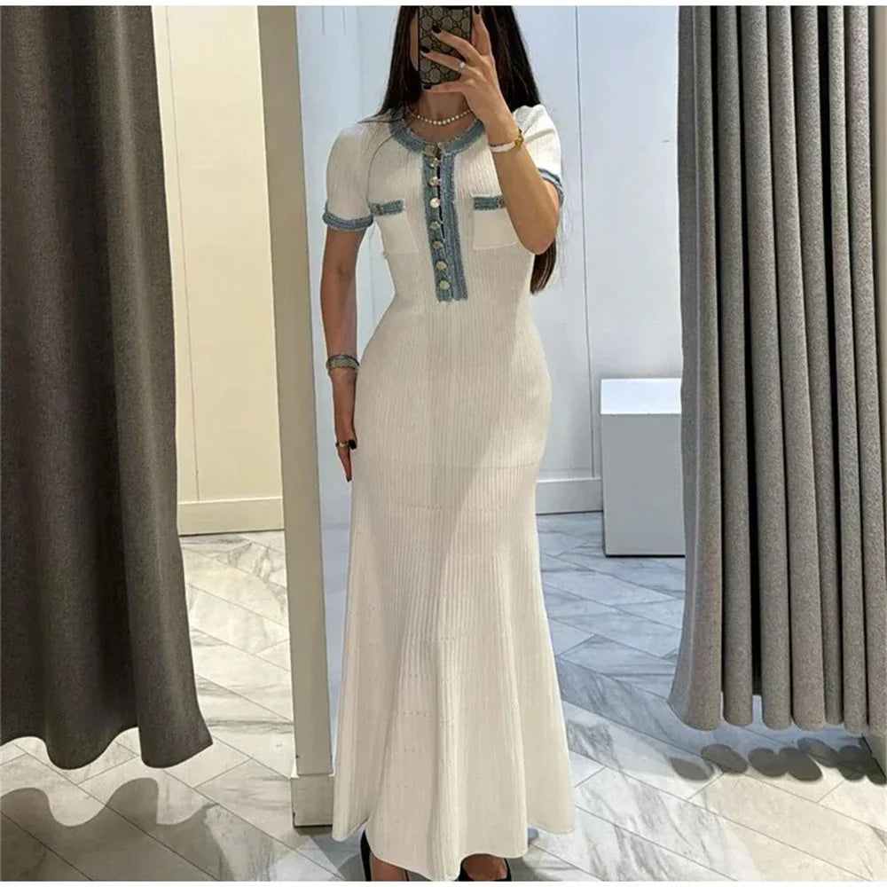Elegantna kontrastna žena pletena maxi haljina chic o-vrata s kratkim rukavima metal gumbi za karoserije karoserice