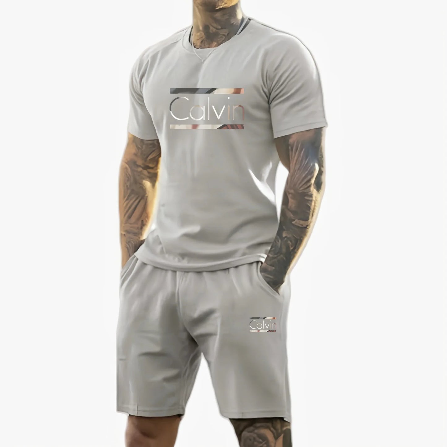 Men 2025 summer new casual sports suit Fashion breathable outdoor men's short-sleeved T-shirt + training shorts two-piece set
