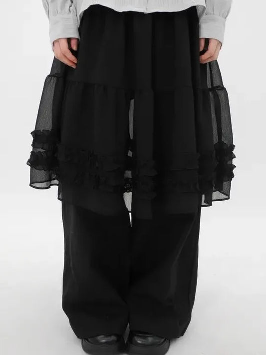 Chic Summer New Pure Color High-End Gauze Skirt with Earlet Lace Hemline See-tough Puffy f-length Japanese Sle Dr