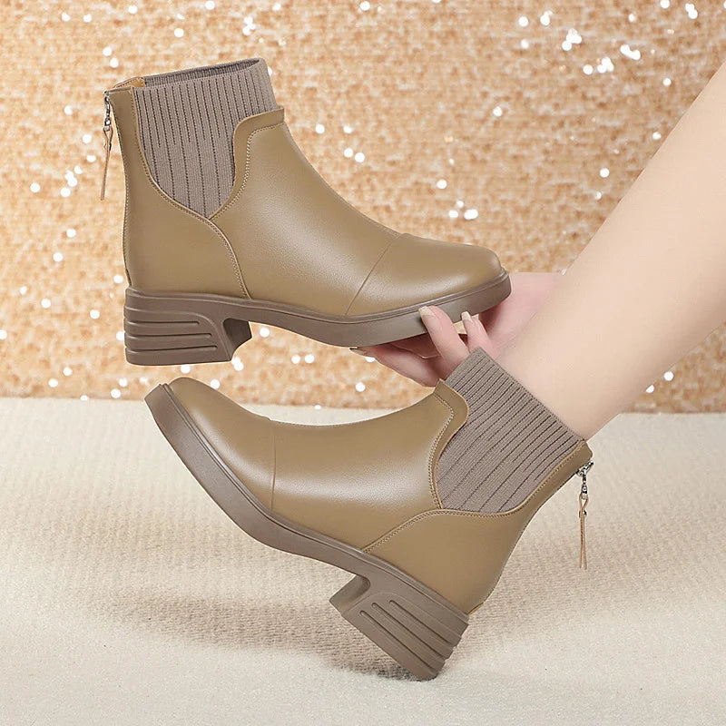 Winter Warm Elegant Anti-slip Medium Heels Thick Plush Short Boots for Woman Zipper Comfort Punk Style Ankle Boots