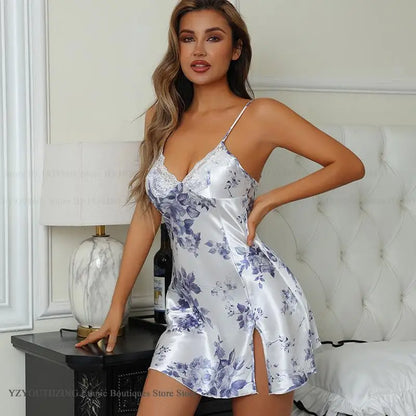 Print Flower Nightgown Sexy Suspender Lingerie Nightdress Women Chemise Sleepwear Home Dressing Gown Summer New Rayon Nightwear